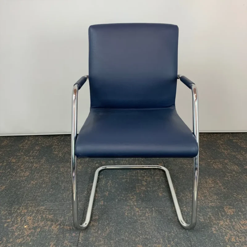 Blue Leather Meeting Chair with Chrome Cantilever Legs
