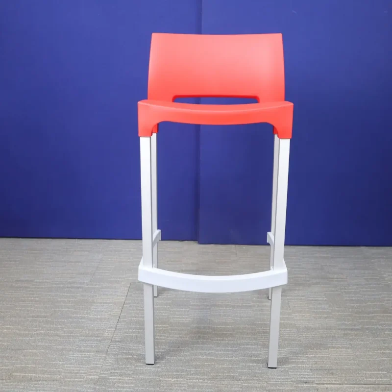 Gio Red Plastic Stool with Silver Legs and Foot Bar