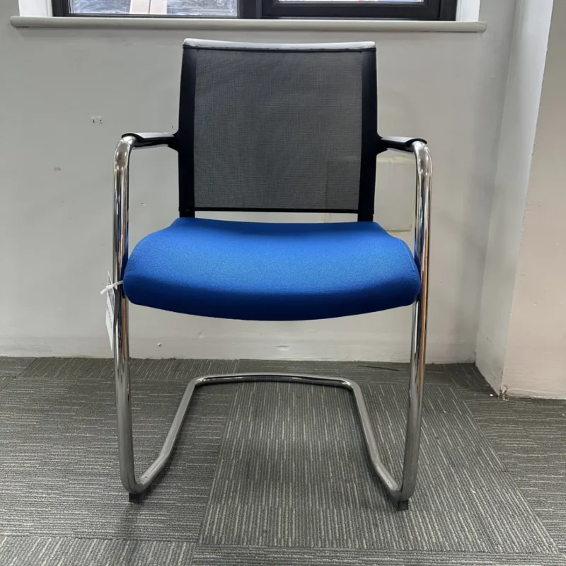 Blue Mesh Back Meeting Chair with Chrome Cantilever Legs and Black Arms