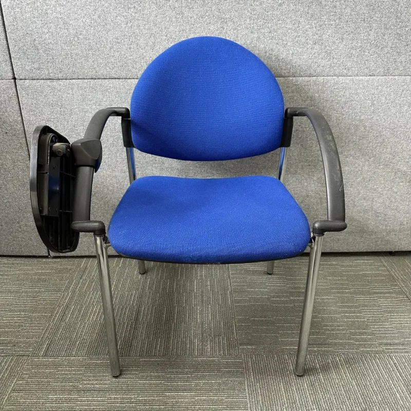 Blue Fabric Meeting Chair with Black Fold Down Writing Tablet and Chrome Legs with Black Plastic Arms