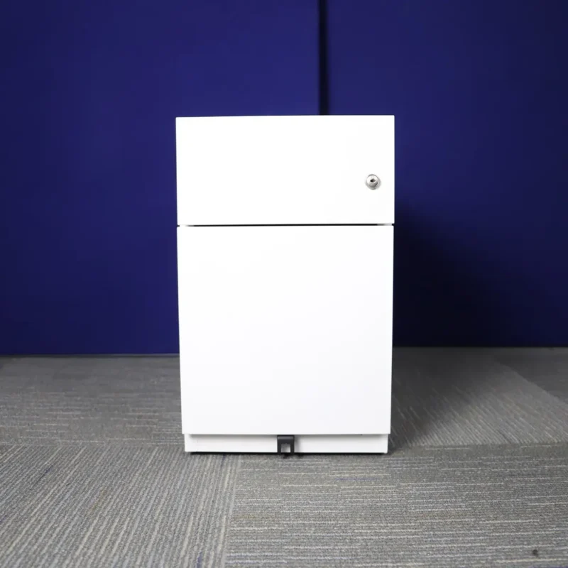 White Metal Desk Depth Narrow Lockable Pedestal on Wheels