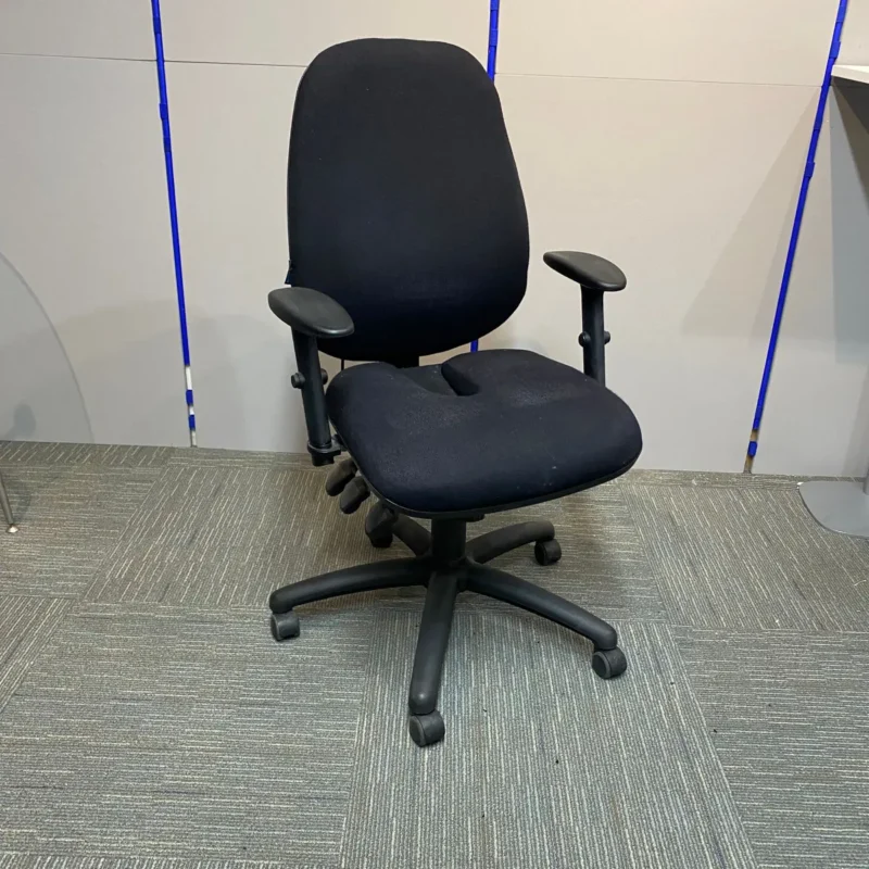 Sit Well Black Posture chair with lumbar back, back rake, seat slide, knee tilt, gas lift and ratchet back