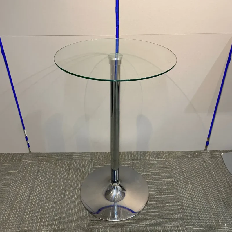 Poseur glass table with single chrome leg