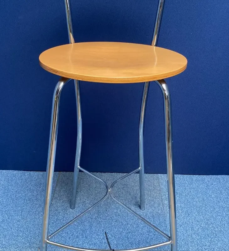 High Stool with Wooden Back and Chrome Legs