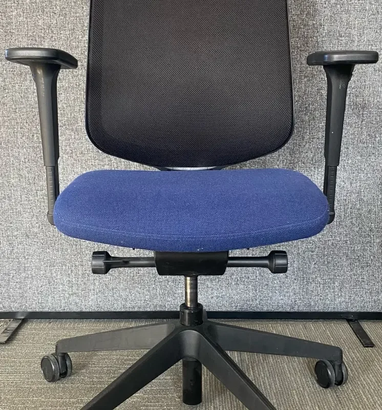 Operators Chair Black Mesh Back With Blue Fabric Seat Adjustable With Arms