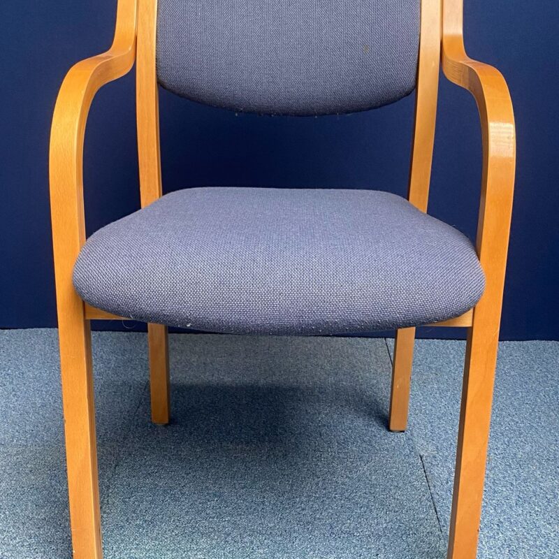 Blue Fabric Meeting Chair Wooden Arms Stacking